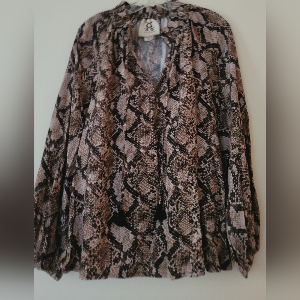 Figue Blouse Lilah Beige Snakeskin Print Womens Medium Long Puff Sleeves Tassel - Picture 4 of 14